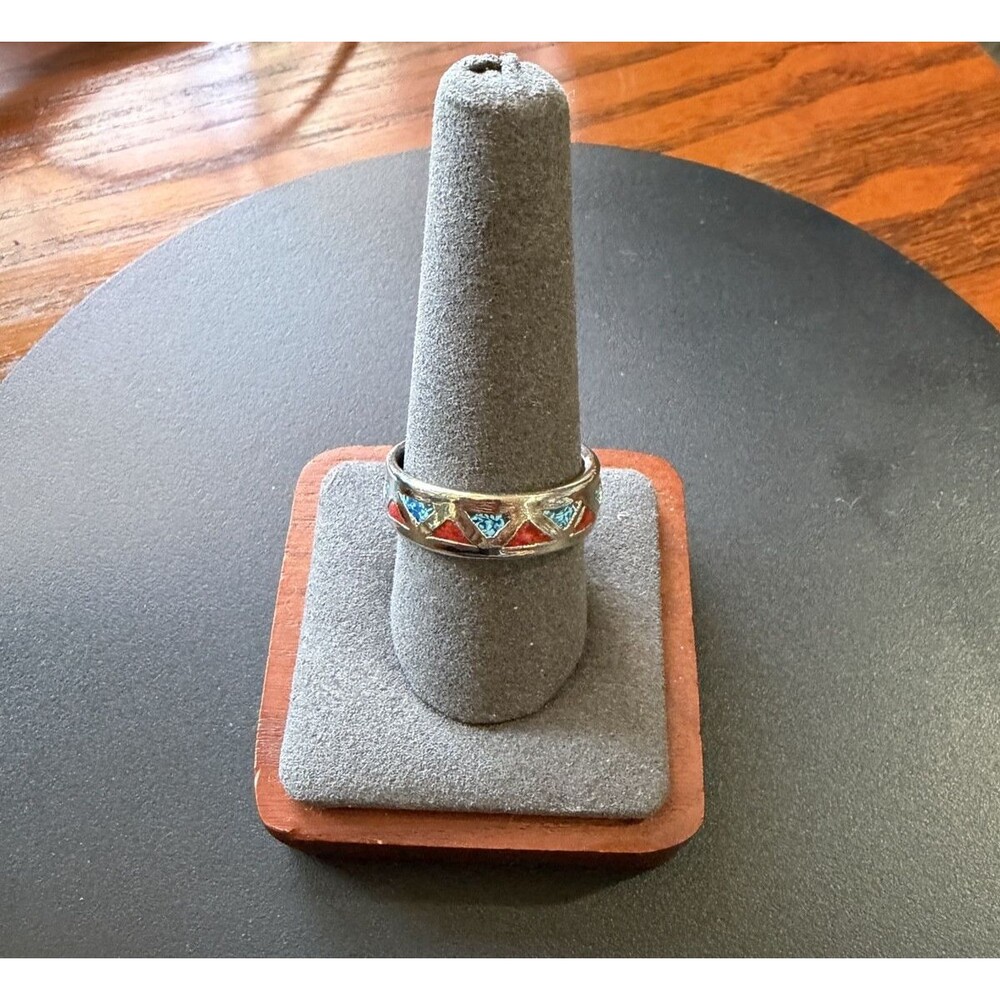 CORAL & TURQUOISE CHIP 925 STERLING SILVER BAND RING, SIZE 10